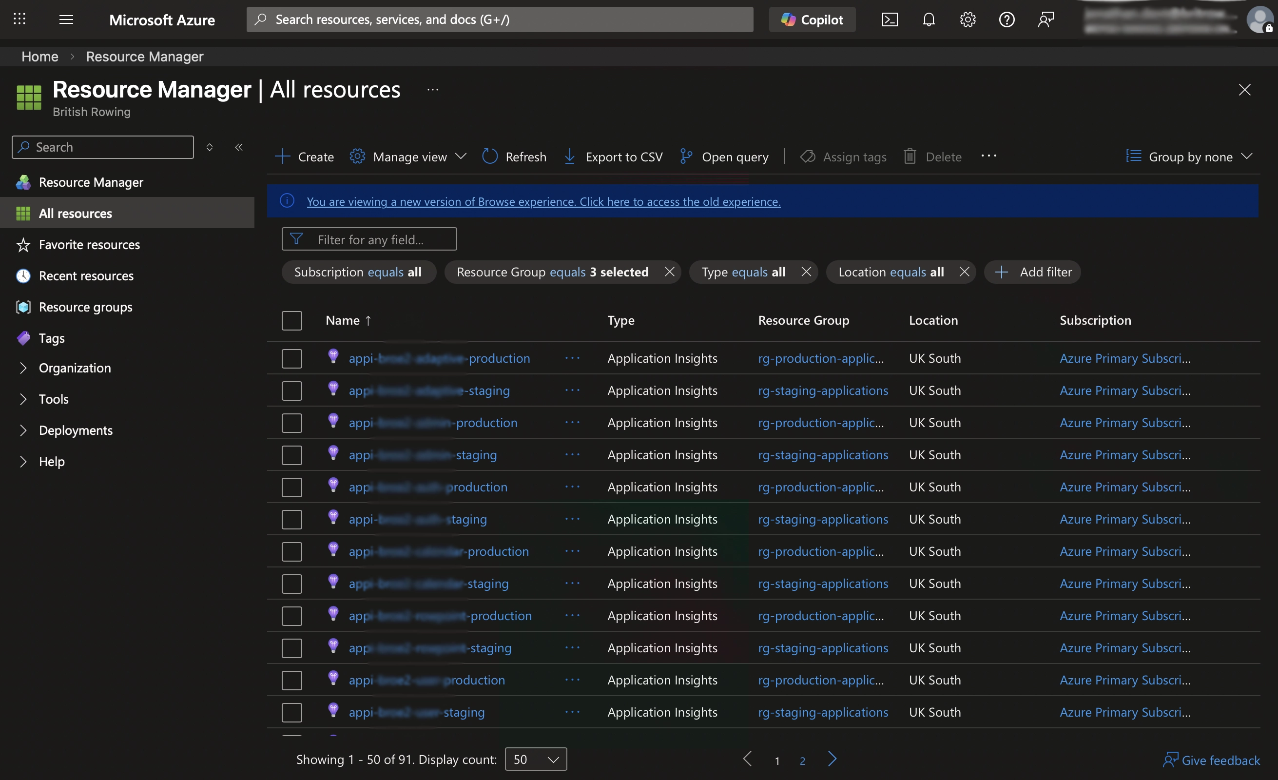 Azure Resource Manager showing all British Rowing cloud resources across production and staging