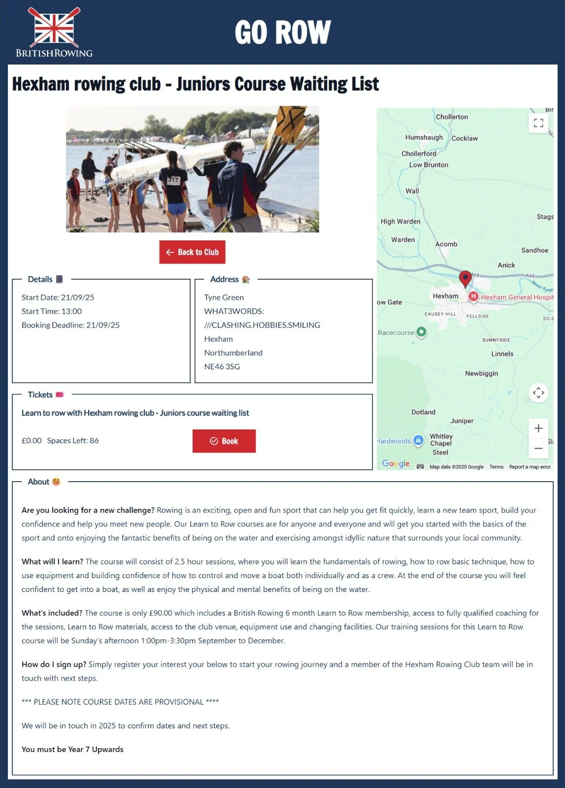 Go Row course detail page