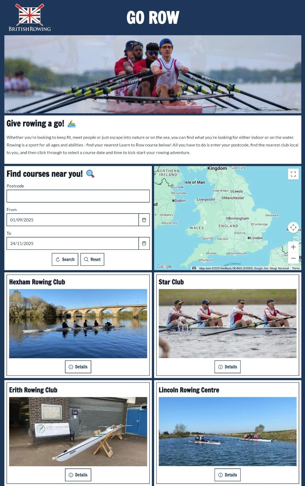 Go Row main page — course search and club listings