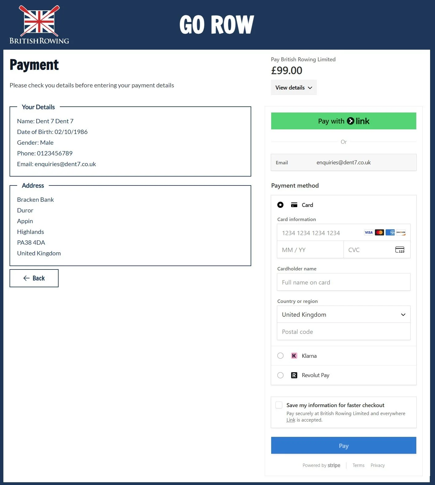Go Row Stripe payment page