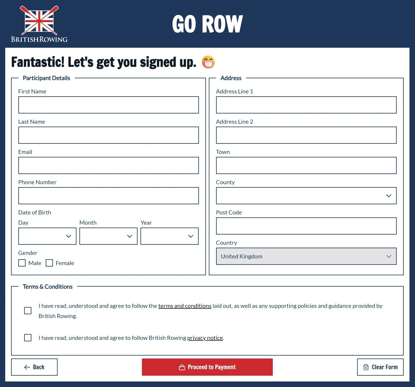 Go Row registration form