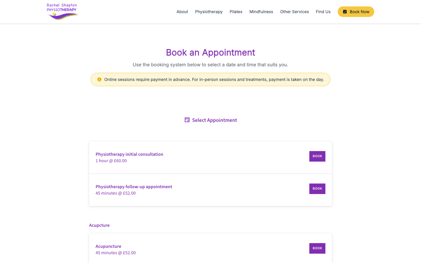 Rachel Shepton Physiotherapy - Booking